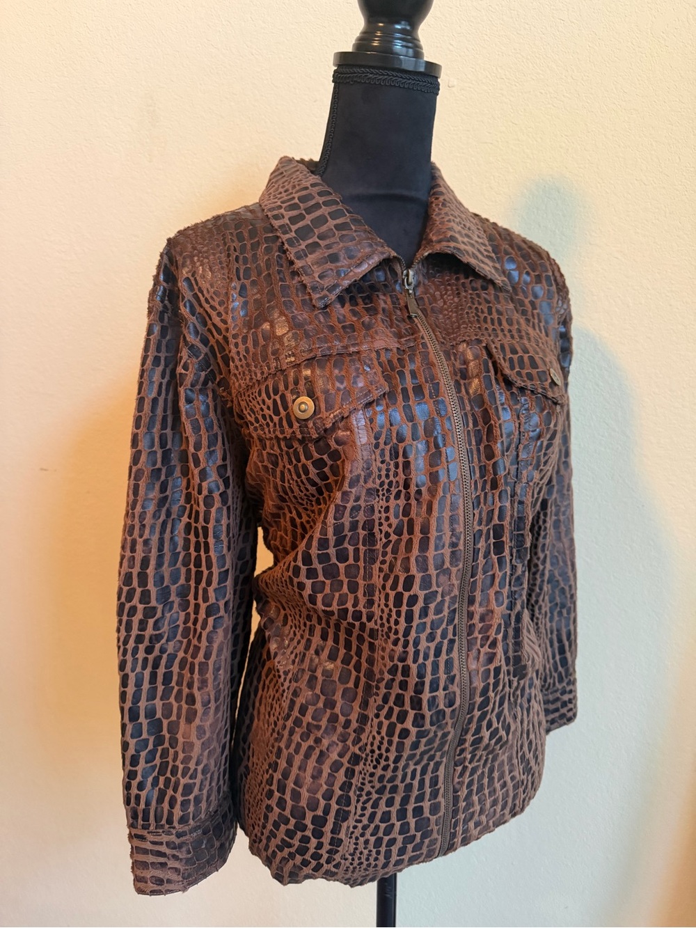 Ruby Rd. Brown Croc-Embossed Leather Jacket